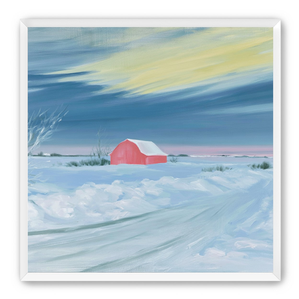 Red barn beneath winter sky