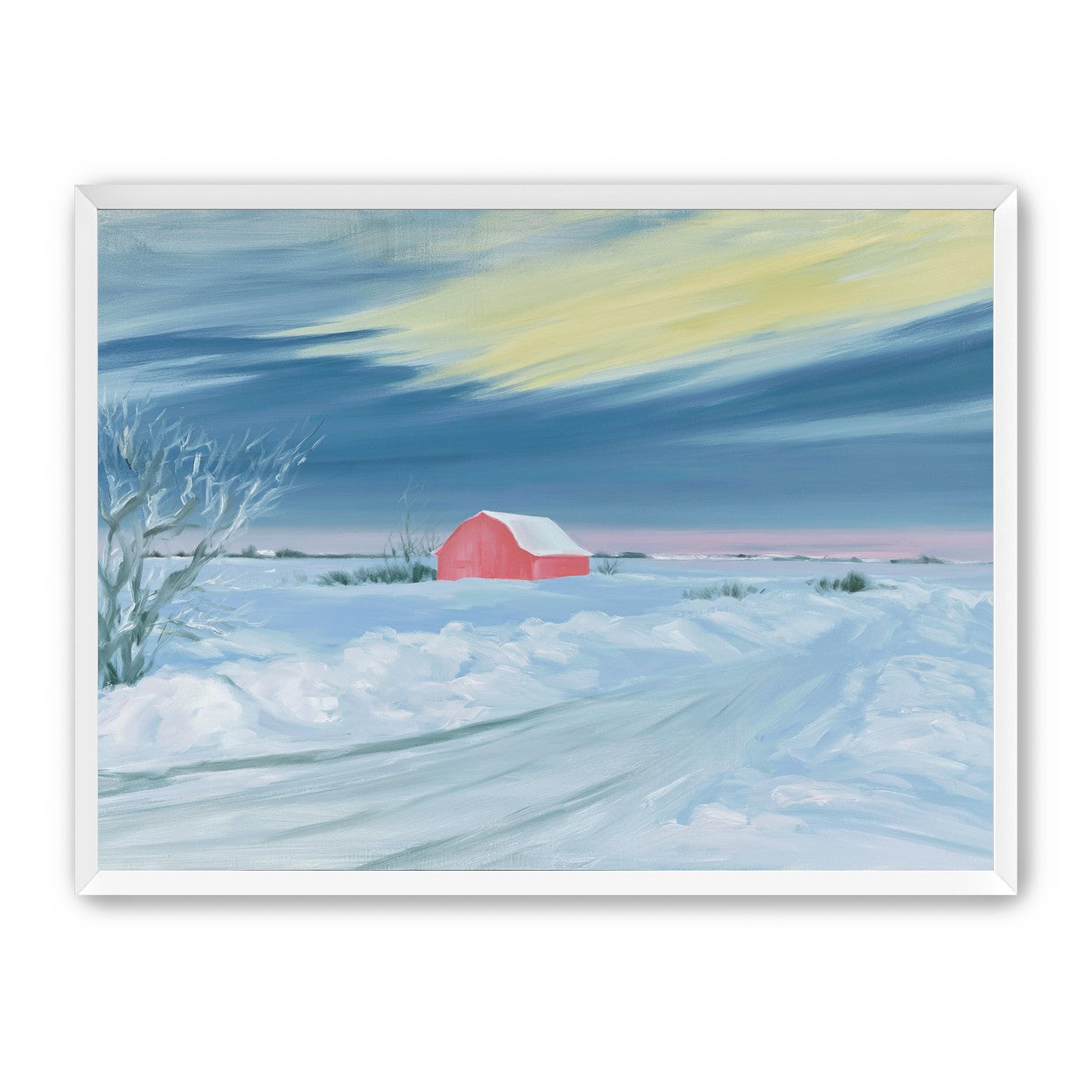 Red barn beneath winter sky