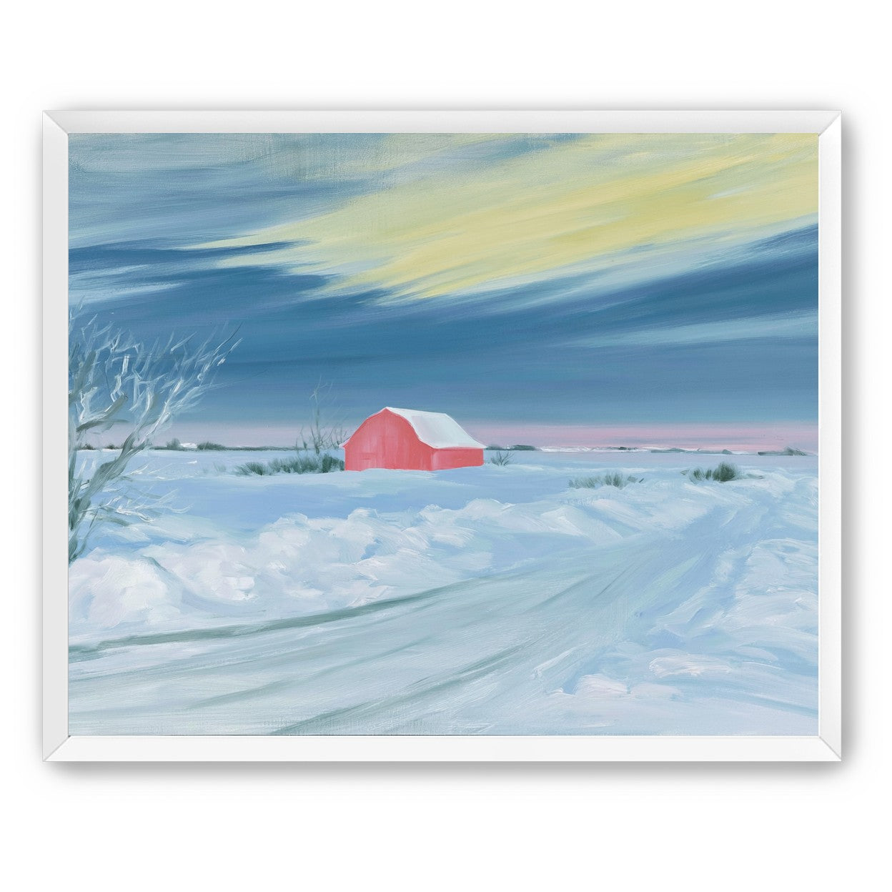 Red barn beneath winter sky