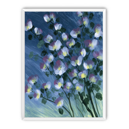 White blossoms on blue field