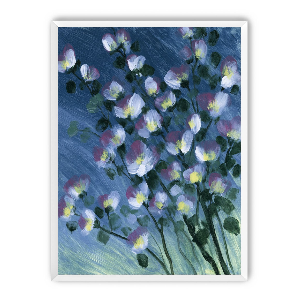 White blossoms on blue field