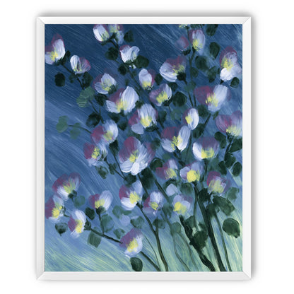 White blossoms on blue field