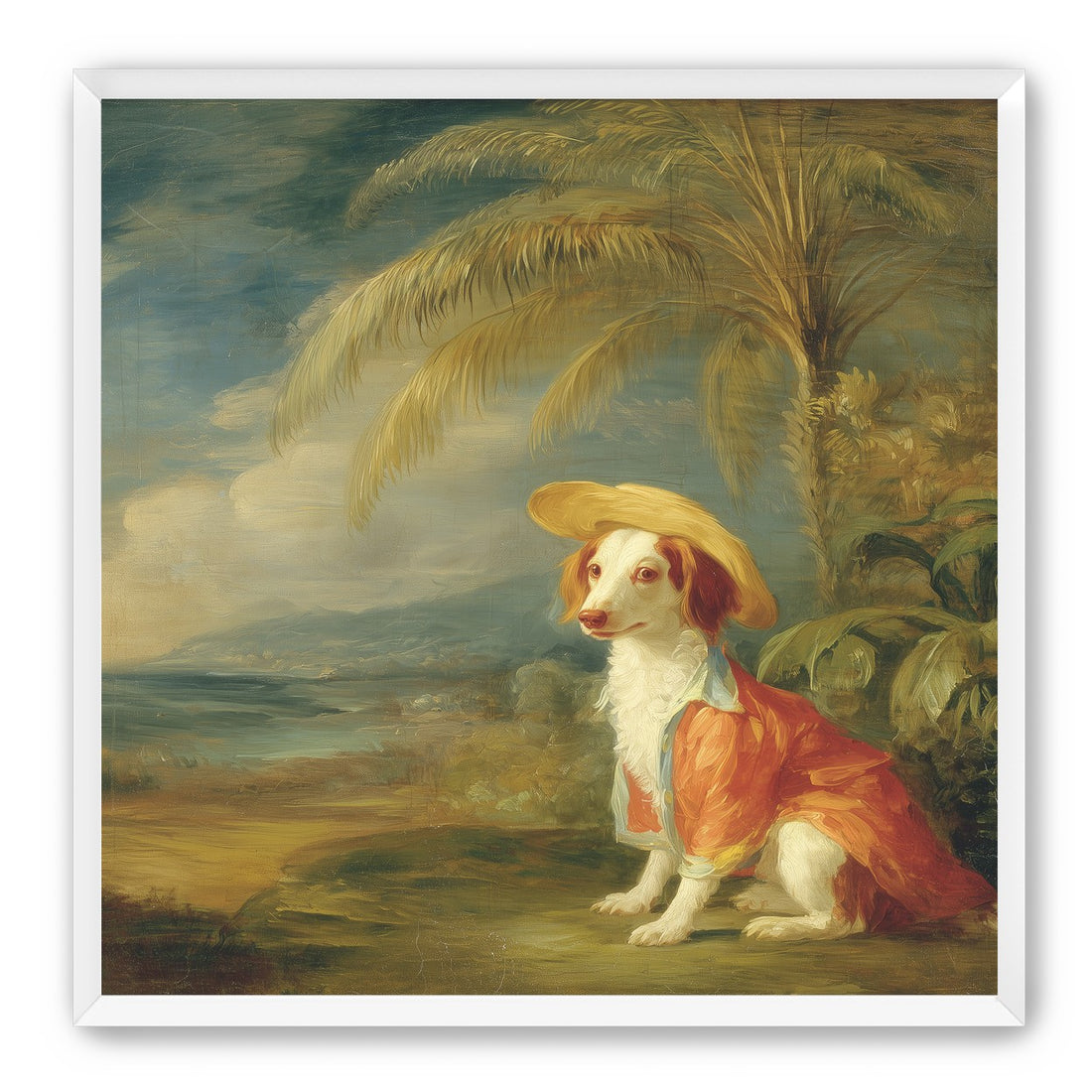 A hatted dog by the sea