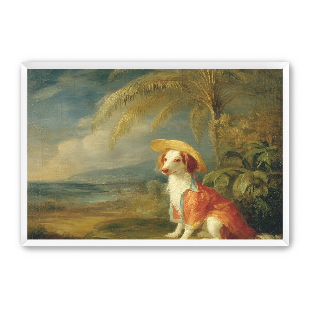 A hatted dog by the sea