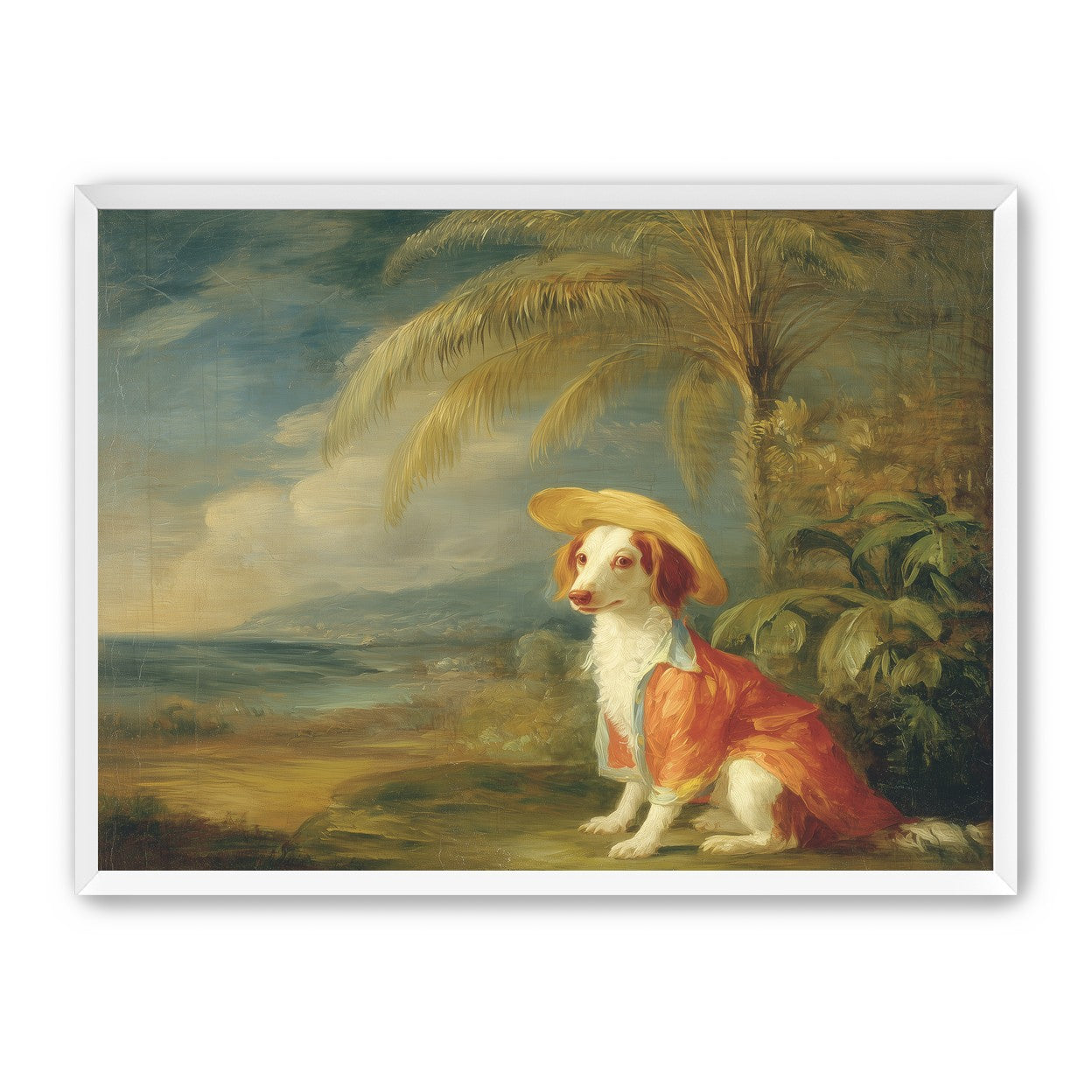 A hatted dog by the sea
