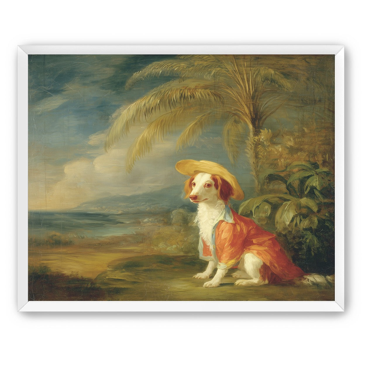 A hatted dog by the sea