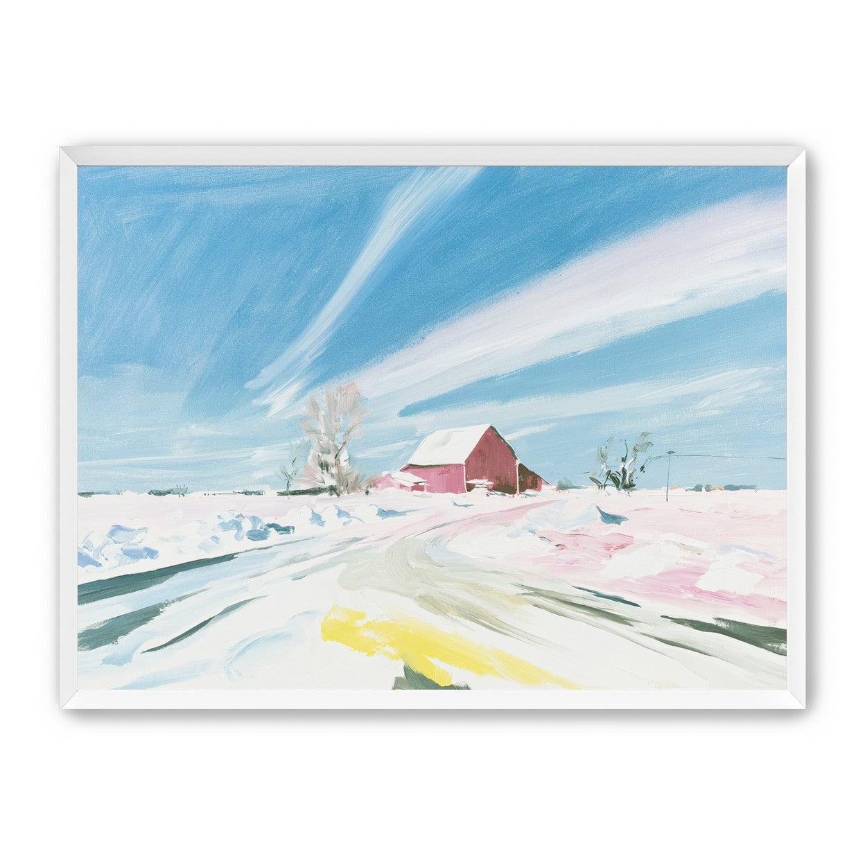 White sky over red barn
