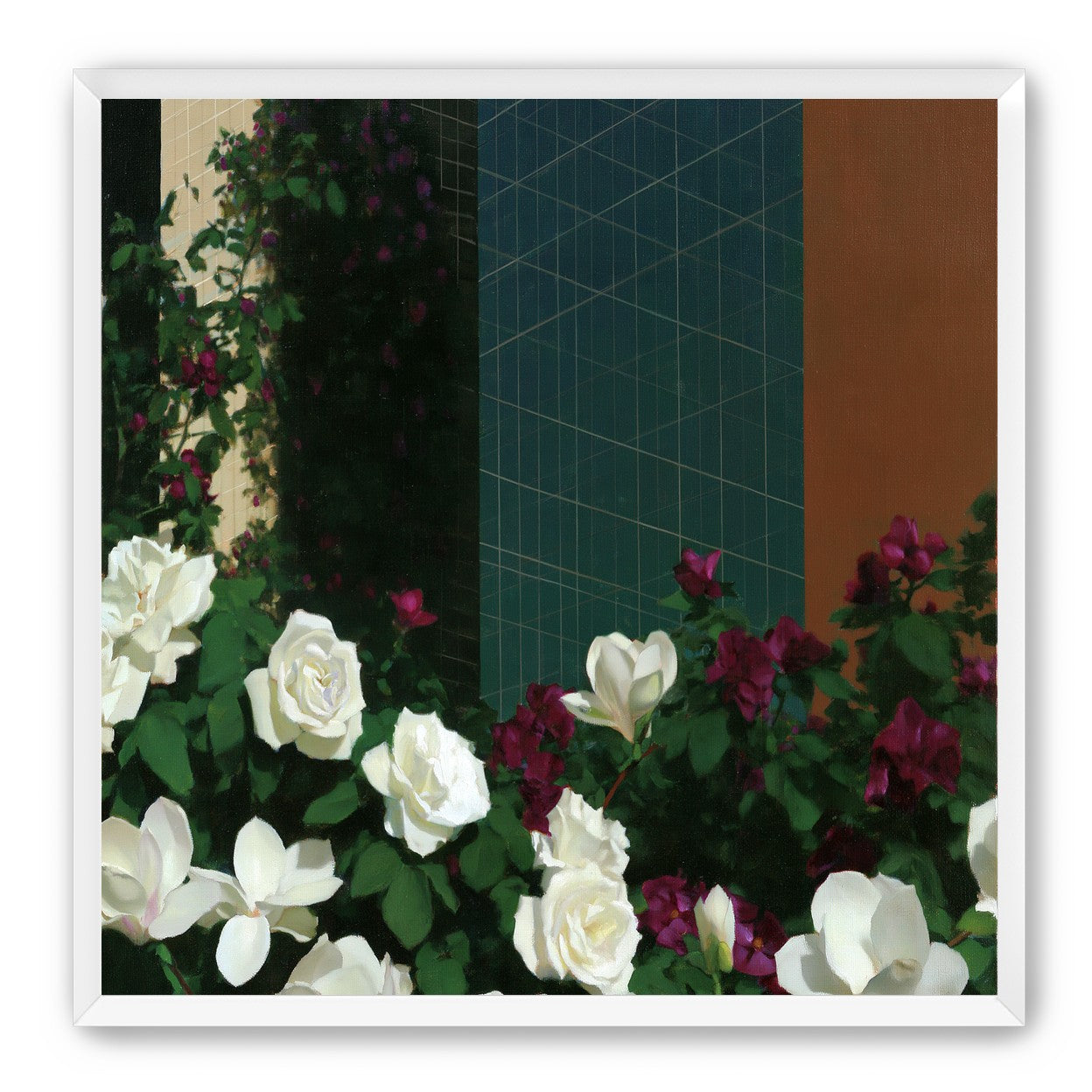 Roses against the blue grid
