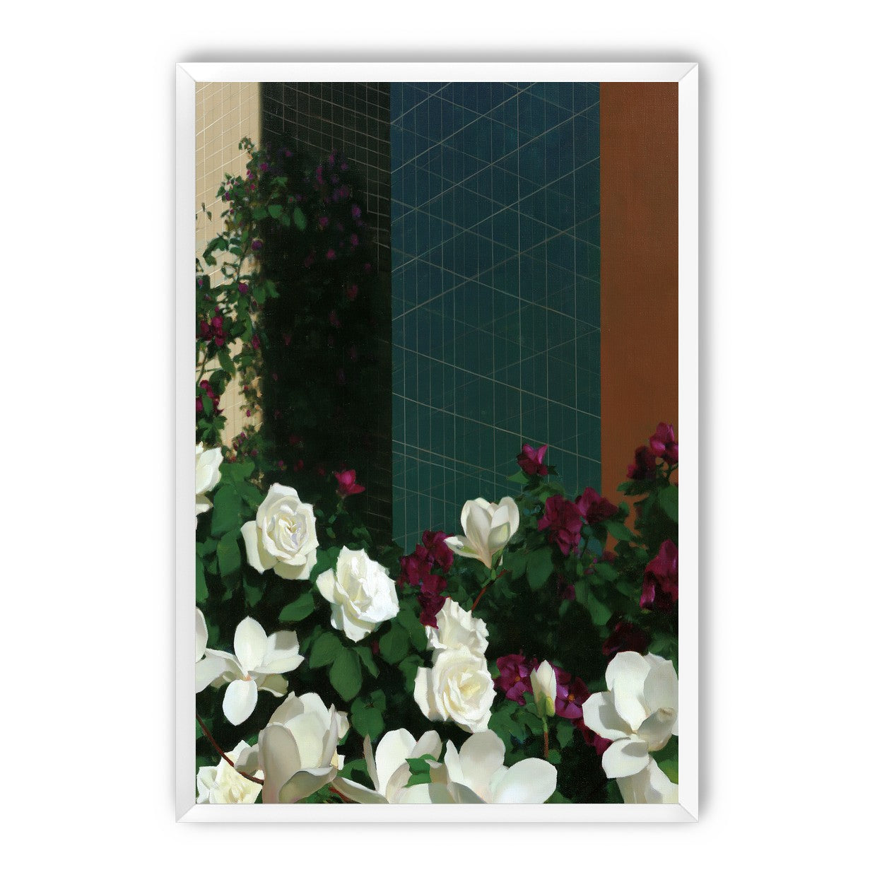 Roses against the blue grid