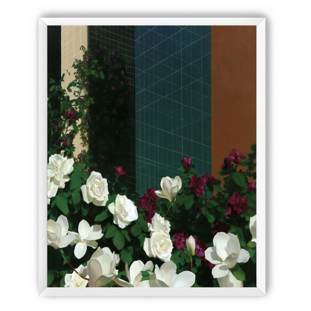Roses against the blue grid