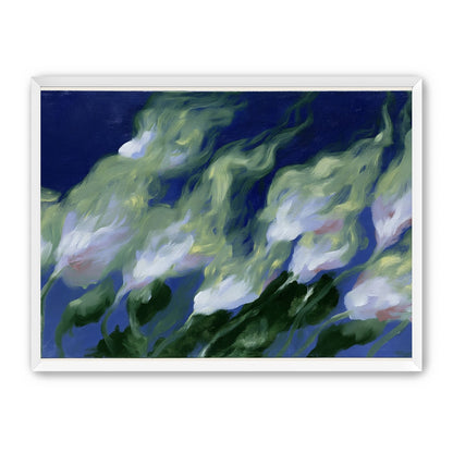 Pale flowers across blue field