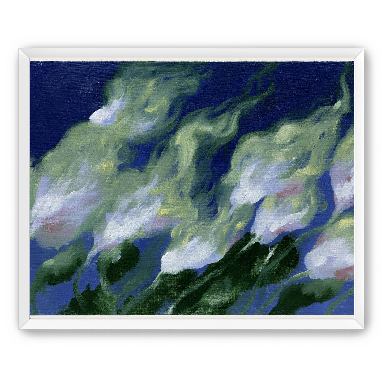 Pale flowers across blue field