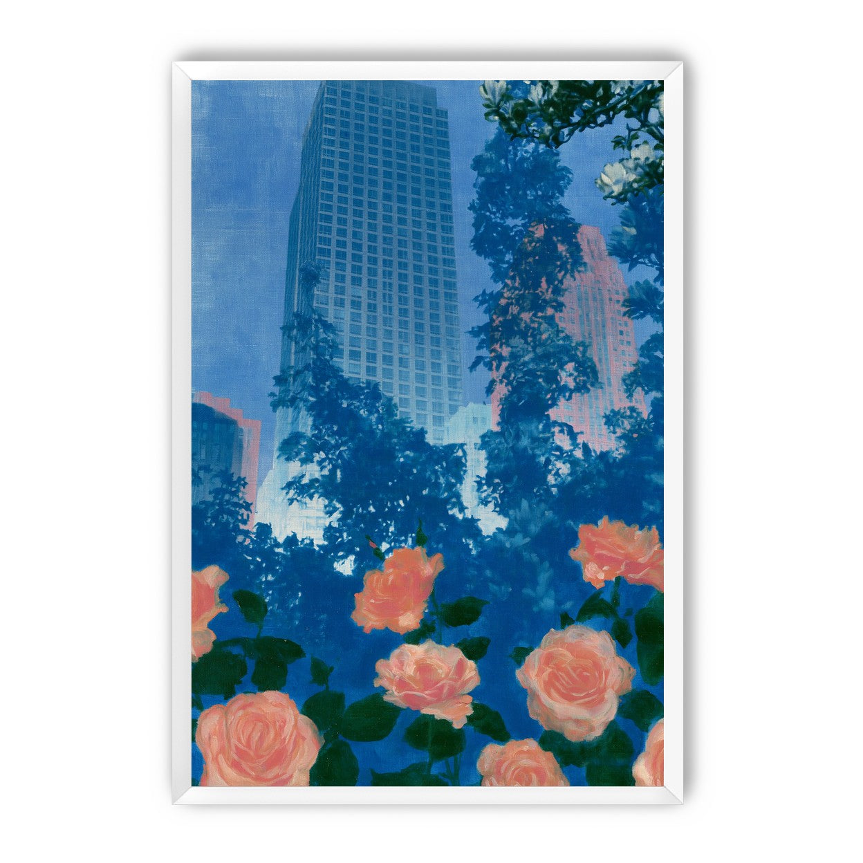 Pink roses below skyscrapers