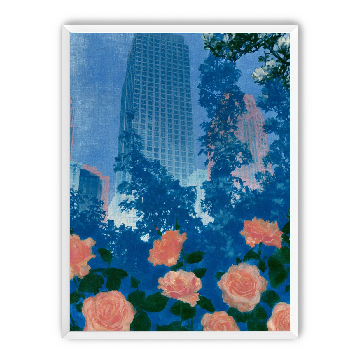 Pink roses below skyscrapers