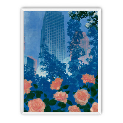 Pink roses below skyscrapers