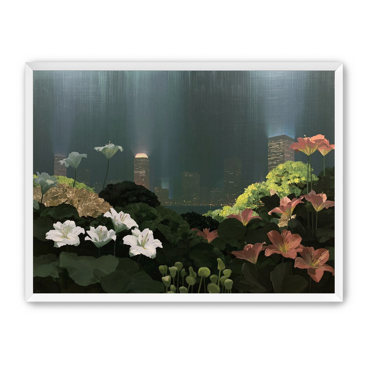 Lilies against the lit skyline