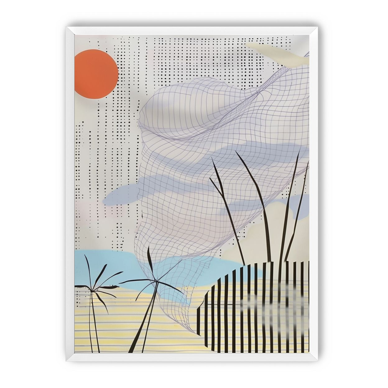 Orange sun over the gridded cloud