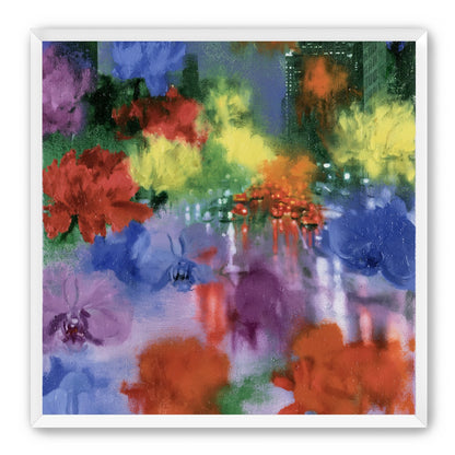 Neon traffic under painted blooms