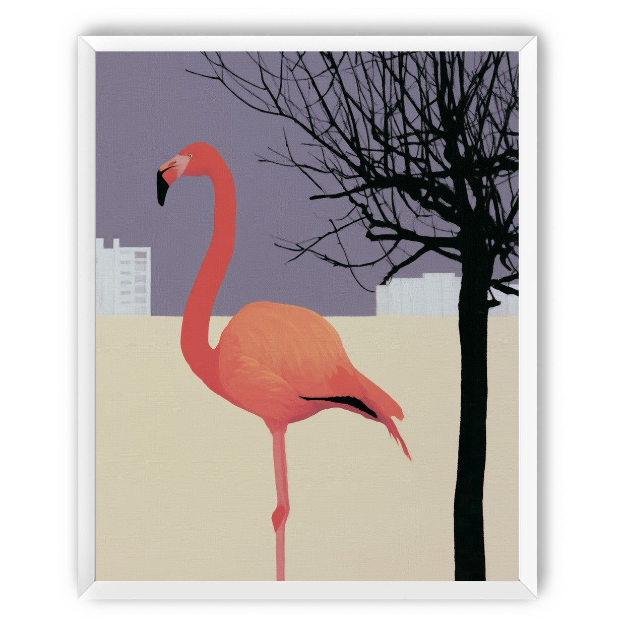 A flamingo beside the bare tree