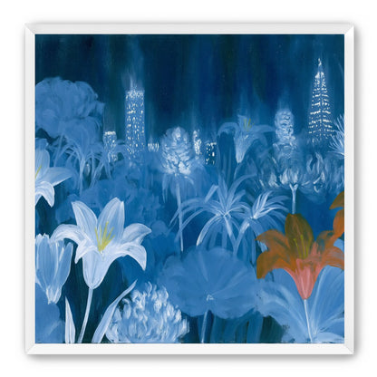 City lights behind lilies