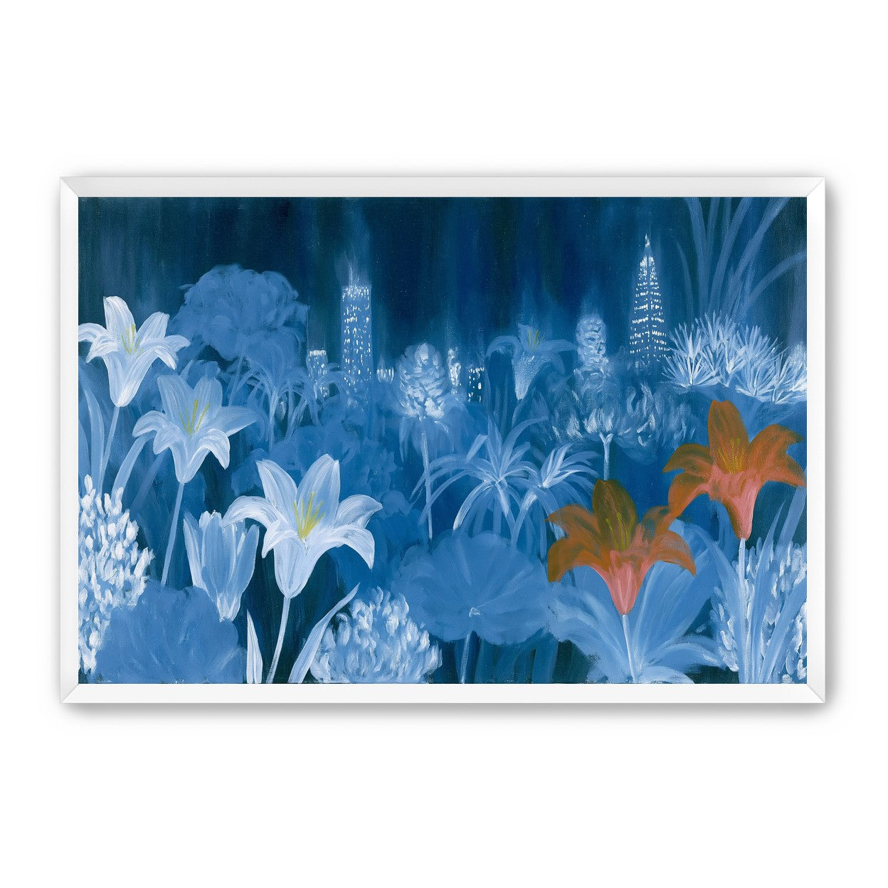 City lights behind lilies