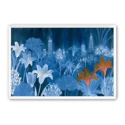 City lights behind lilies