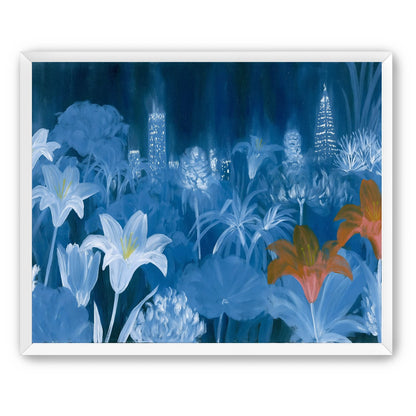 City lights behind lilies