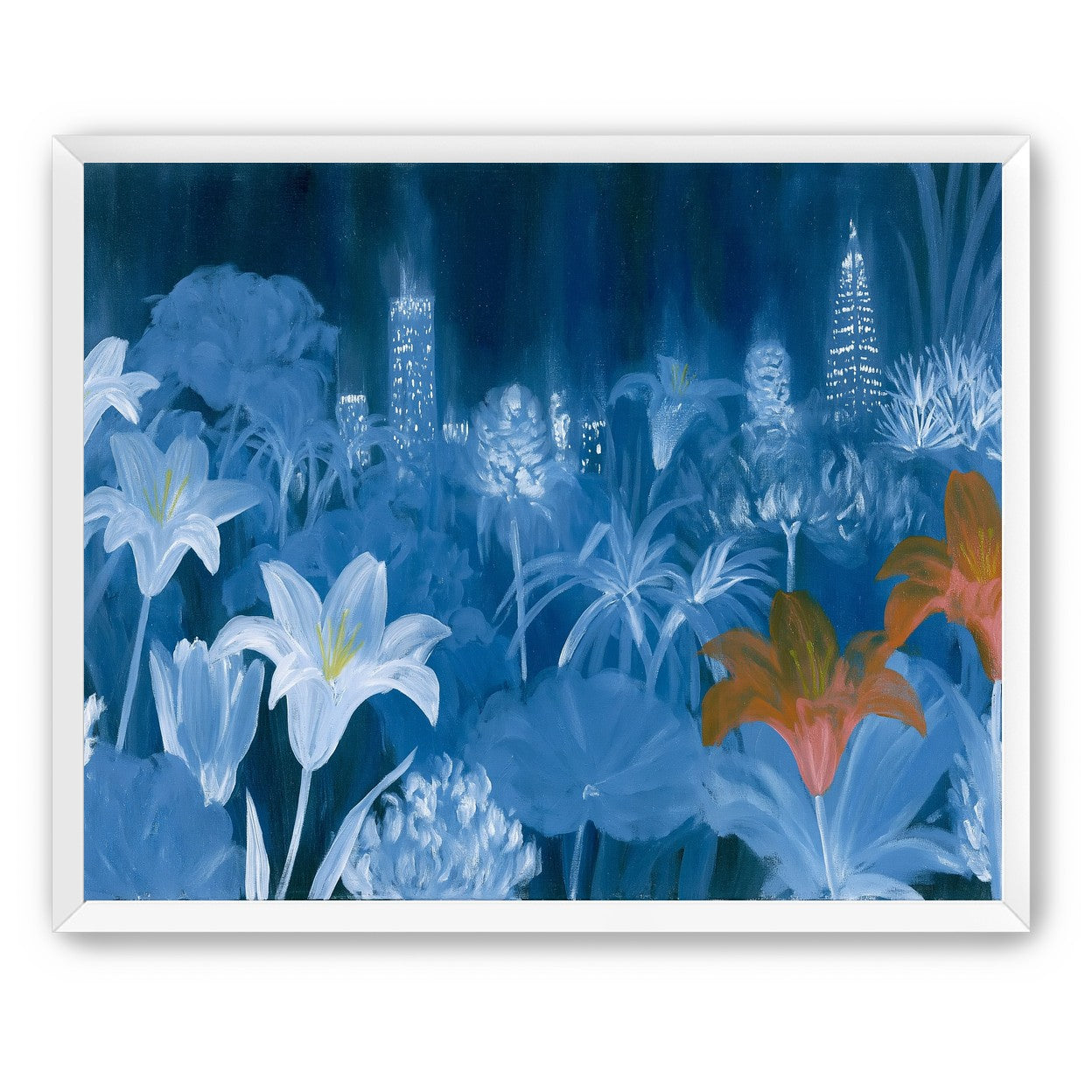 City lights behind lilies