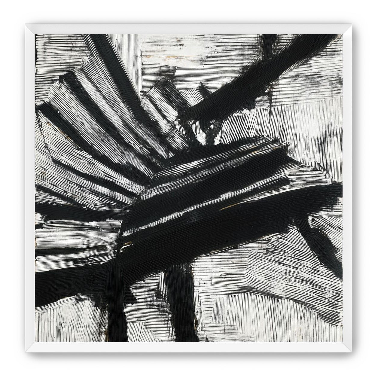 Non-Representational: Thick black brushstrokes cross and stack over a white surface filled with fine scratched lines.