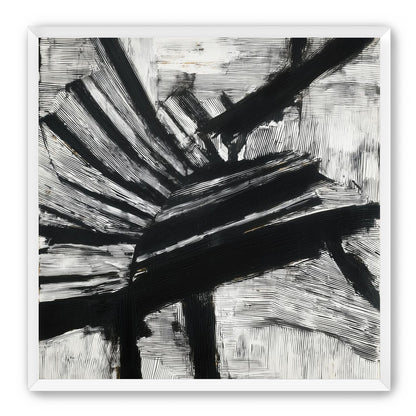 Non-Representational: Thick black brushstrokes cross and stack over a white surface filled with fine scratched lines.