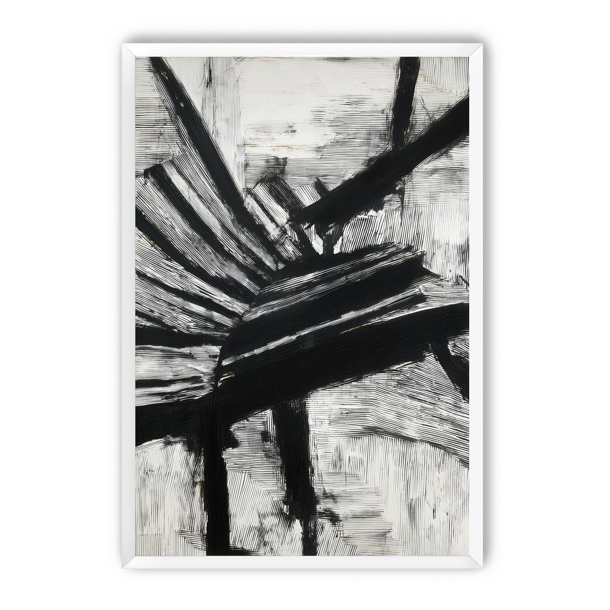 Non-Representational: Thick black brushstrokes cross and stack over a white surface filled with fine scratched lines.