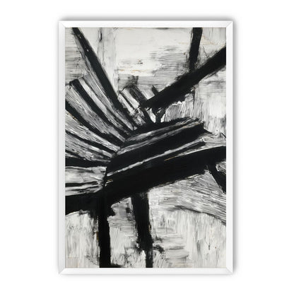 Non-Representational: Thick black brushstrokes cross and stack over a white surface filled with fine scratched lines.