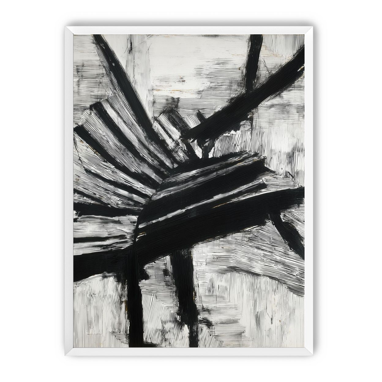 Non-Representational: Thick black brushstrokes cross and stack over a white surface filled with fine scratched lines.