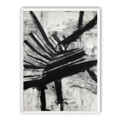 Non-Representational: Thick black brushstrokes cross and stack over a white surface filled with fine scratched lines.