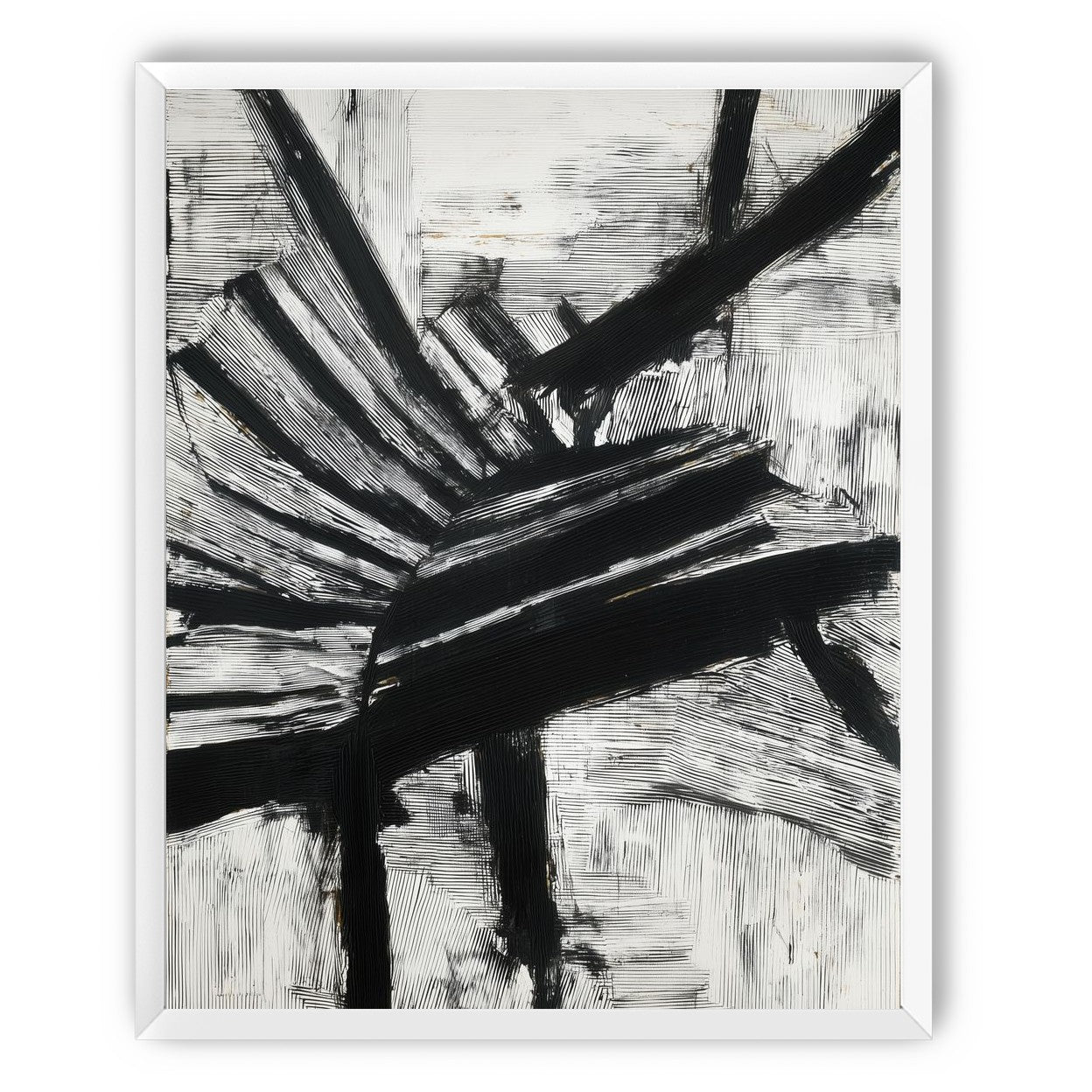 Non-Representational: Thick black brushstrokes cross and stack over a white surface filled with fine scratched lines.