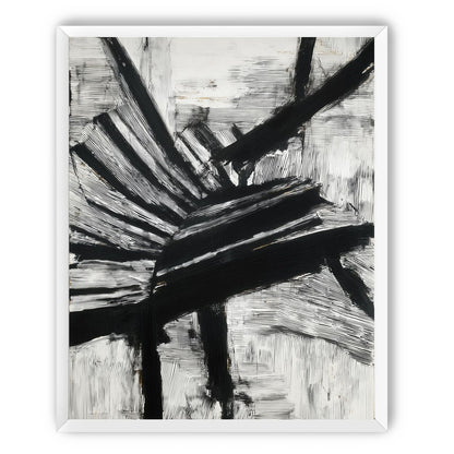 Non-Representational: Thick black brushstrokes cross and stack over a white surface filled with fine scratched lines.