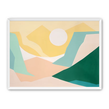 White sun over pastel hills