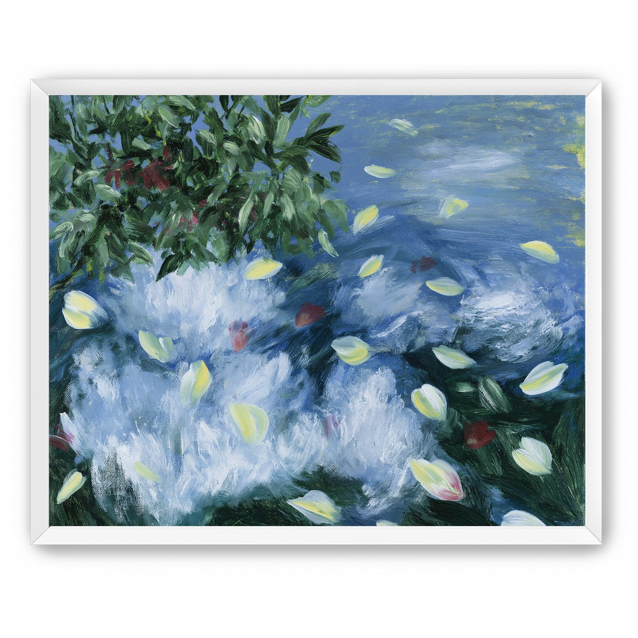 Petals across the blue water