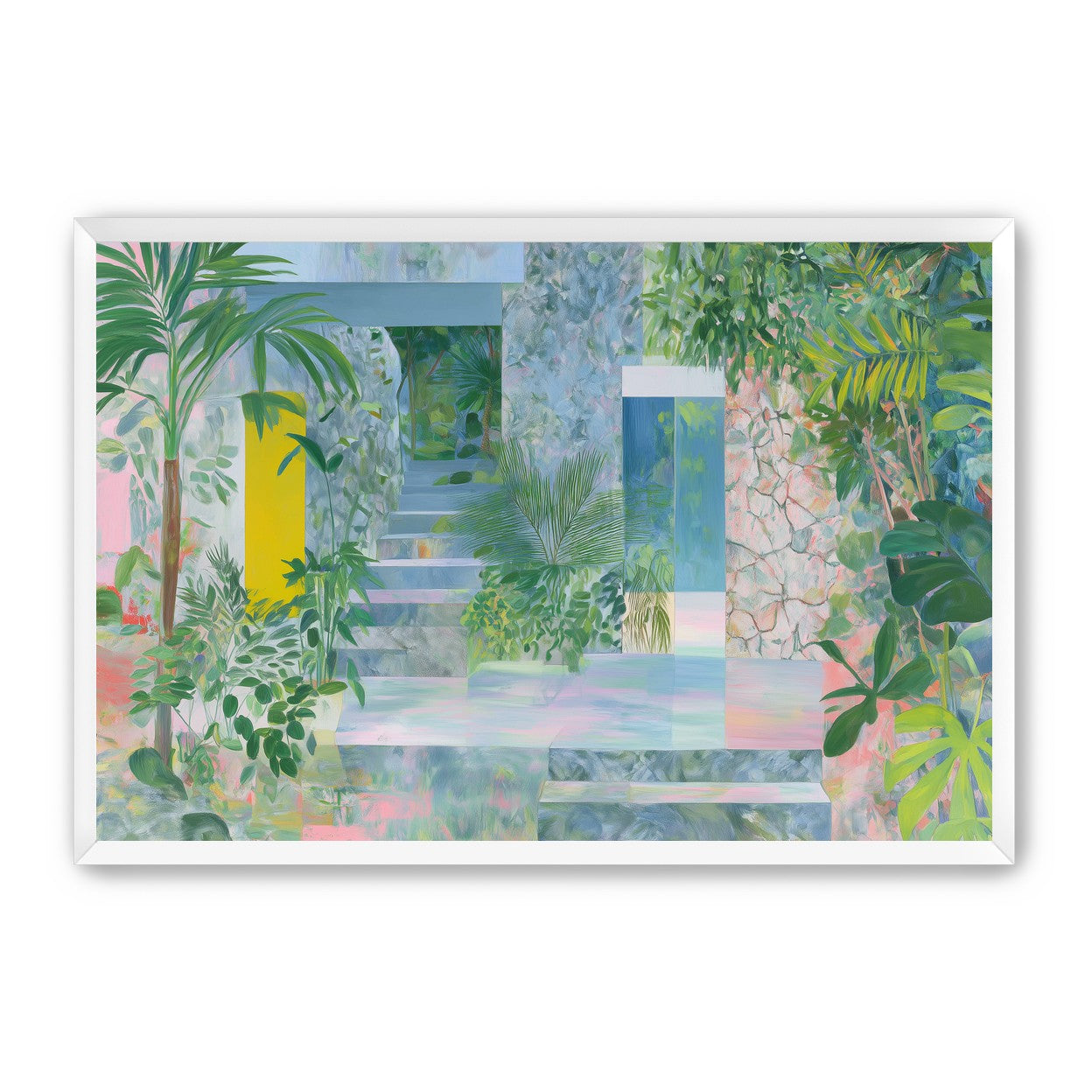Pastel stairs between yellow and blue doors