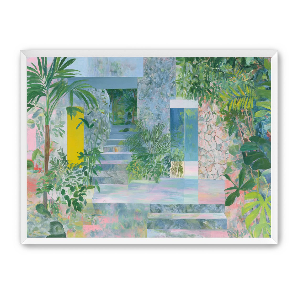 Pastel stairs between yellow and blue doors