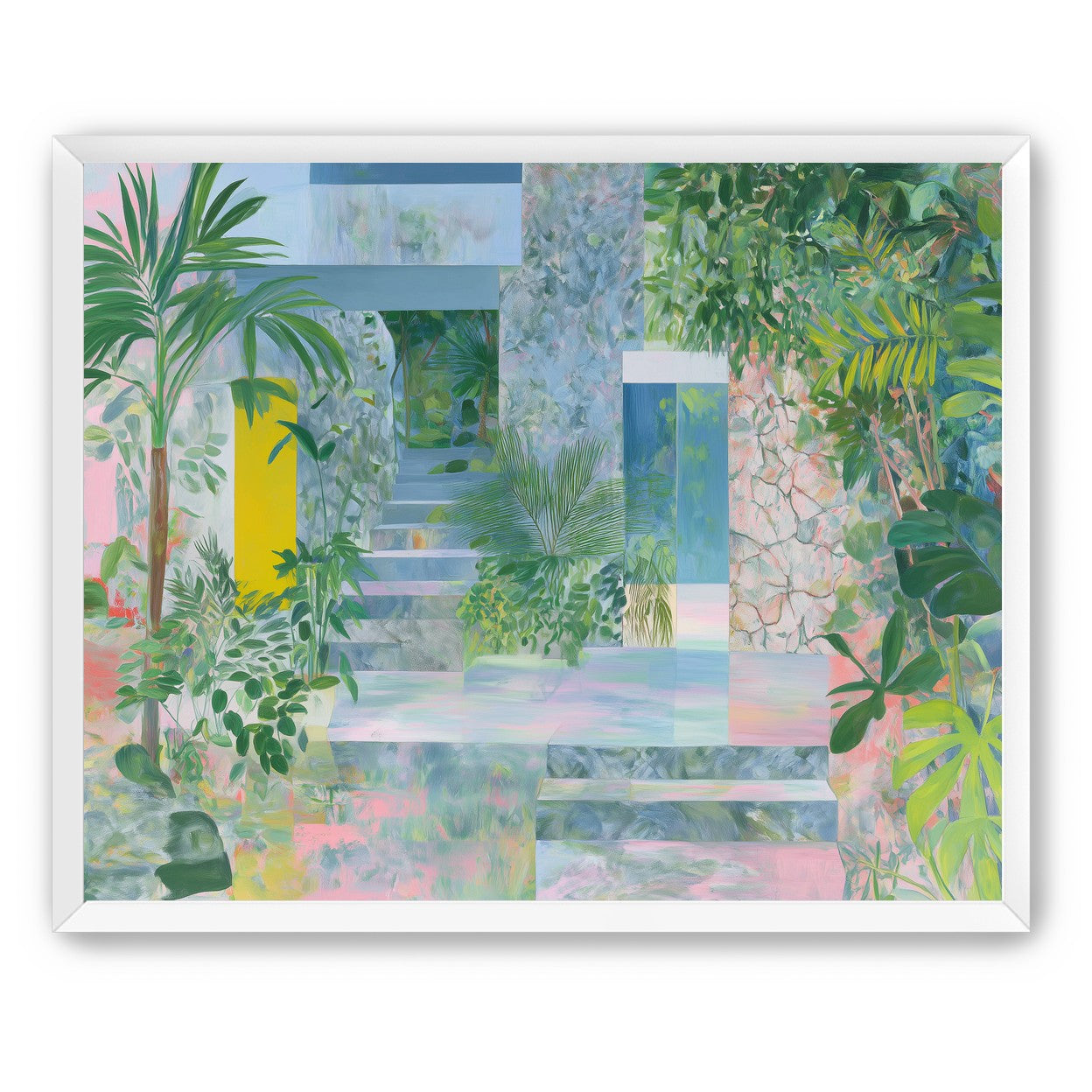 Pastel stairs between yellow and blue doors