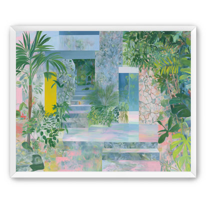 Pastel stairs between yellow and blue doors