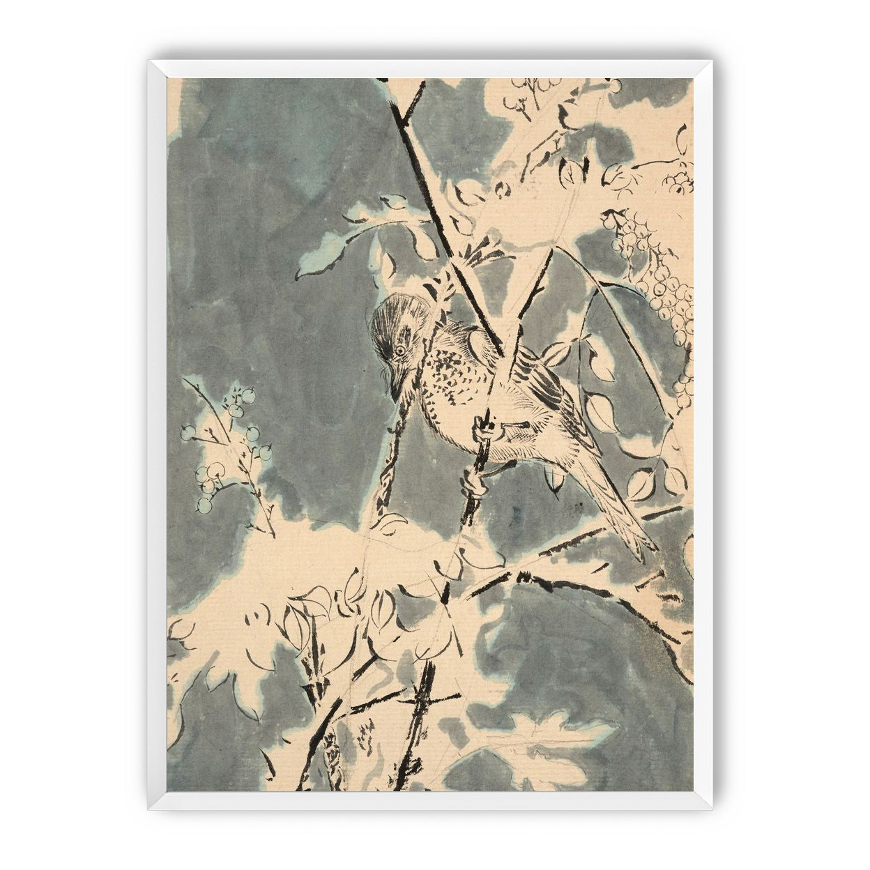 Quiet bird in berry branches