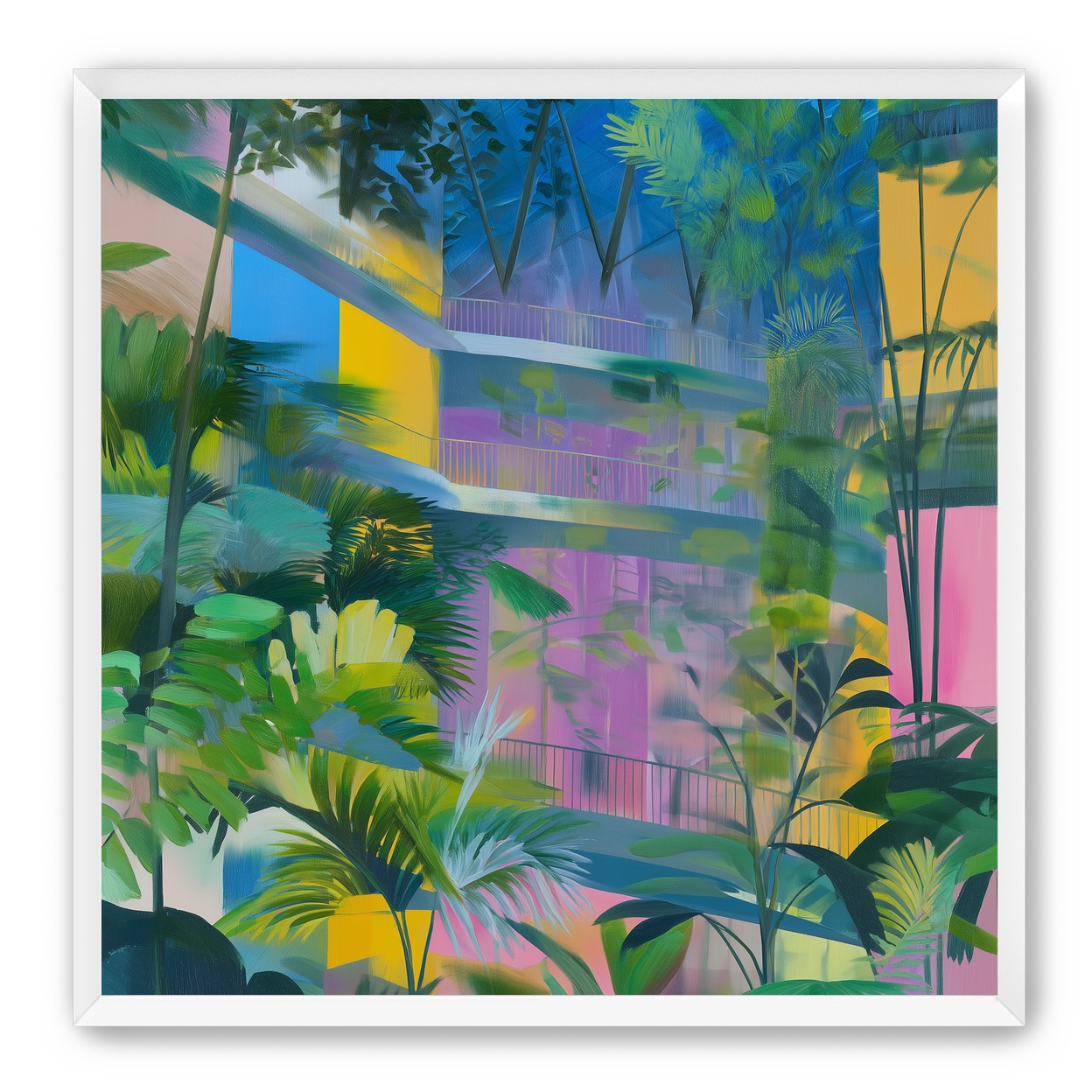 Blue roof over pink atrium