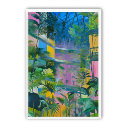 Blue roof over pink atrium