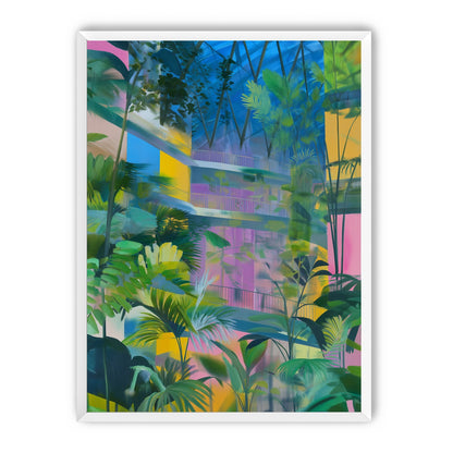 Blue roof over pink atrium