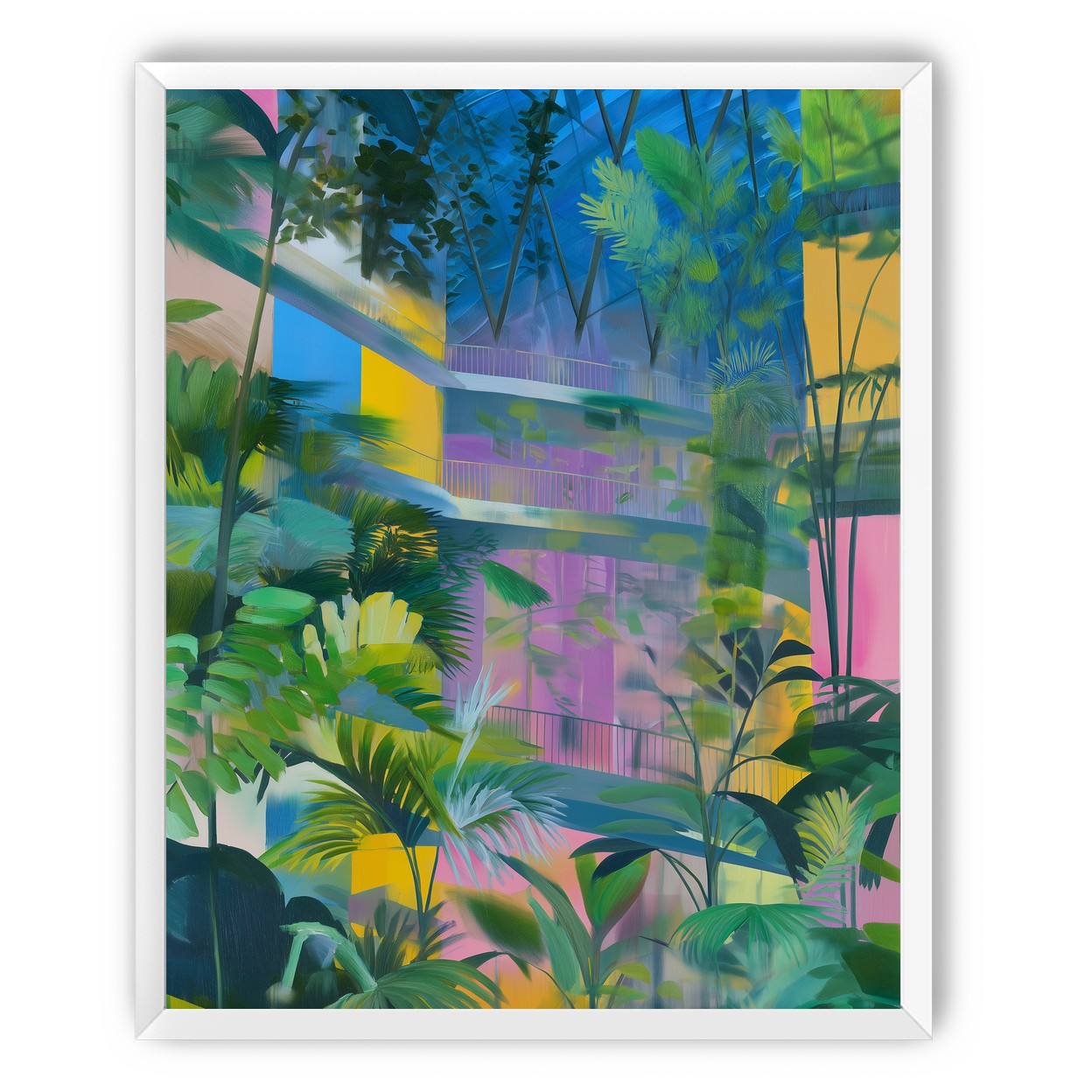 Blue roof over pink atrium