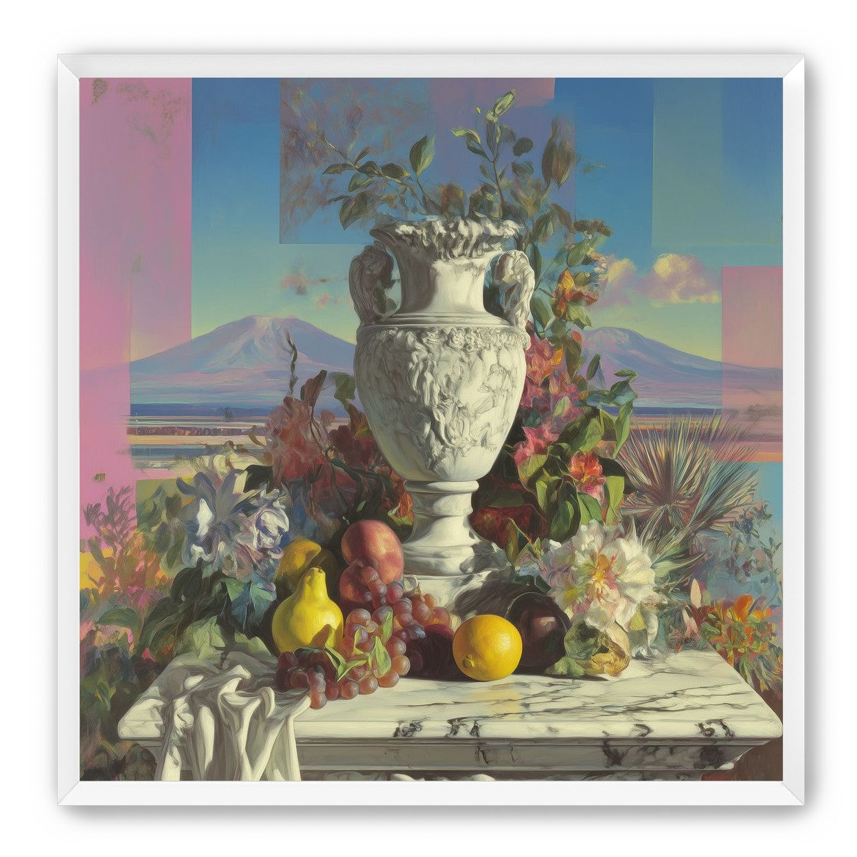Urn and fruit before mountains