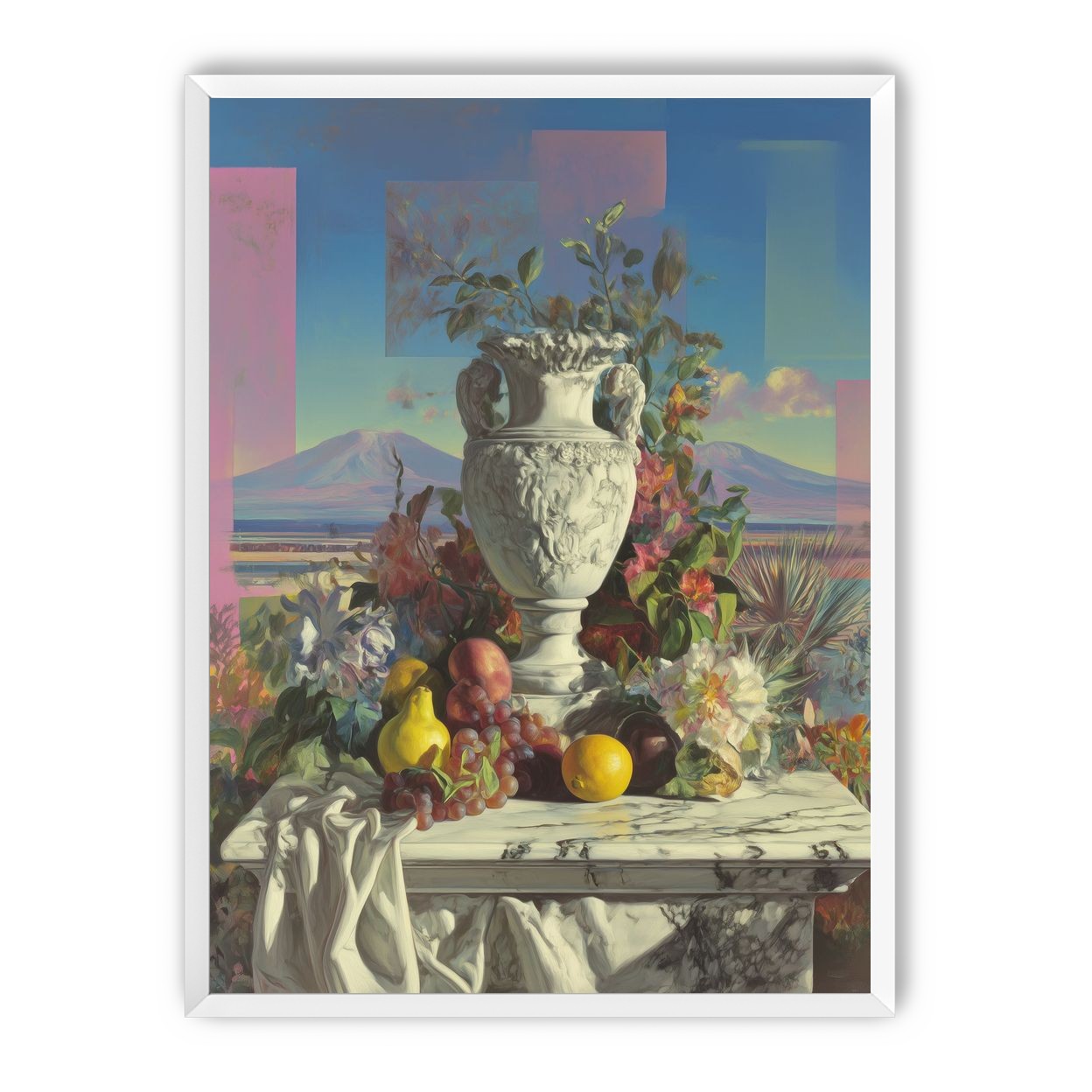 Urn and fruit before mountains