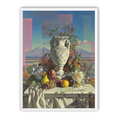 Urn and fruit before mountains
